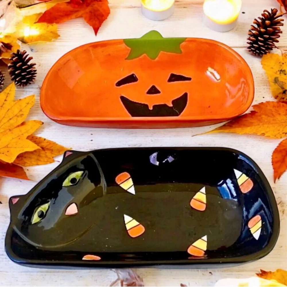 Halloween 🎃 Candy Dishes Tien Hsing Vintage Black Cat + Pumpkin 2 dishes